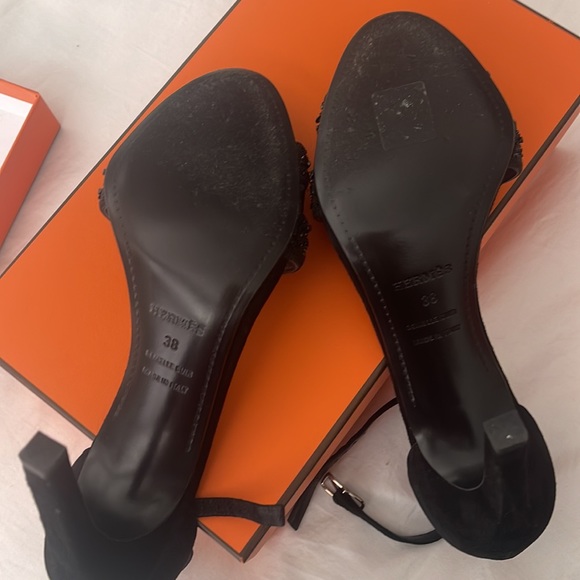 Hermes Black Suede and Glitter Embellished Crystal Ankle Strap Size 38 Sandals - Picture 3 of 4